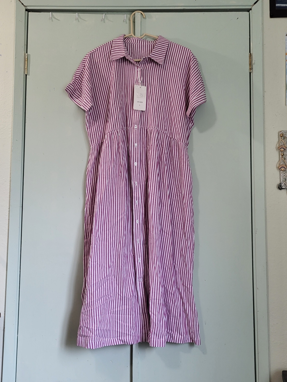 Source Unknown Pink & White Striped Midi Shirt Dress